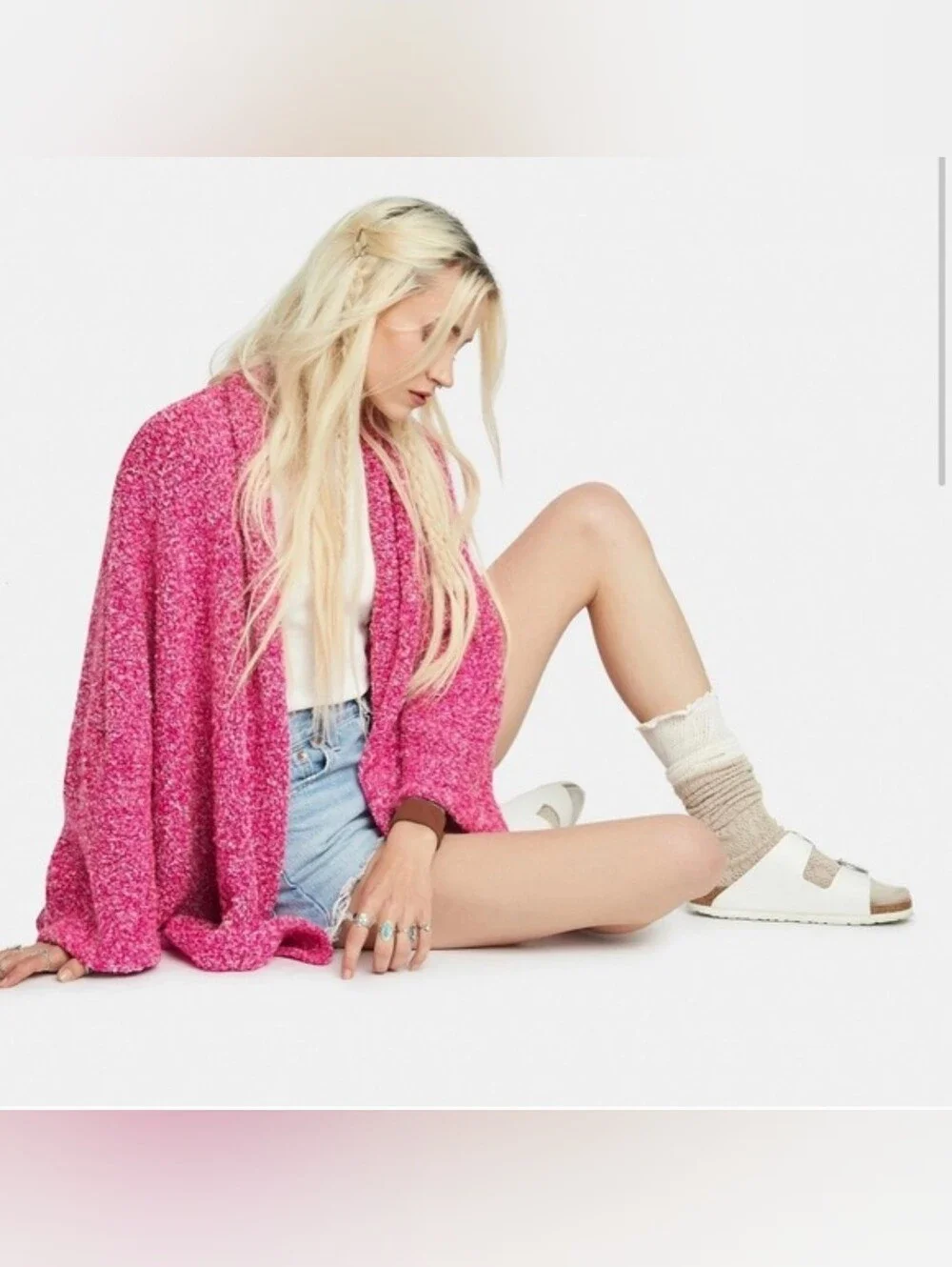 Free People XS BFF Oversized Cardigan Barbiecore Prickly Pear Pink Open Front